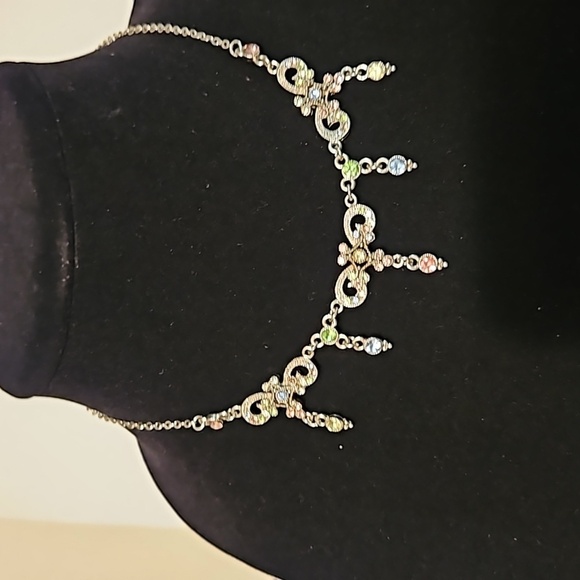 YCLM Pastel Rhinestones on Filagree Silvertone 15" Long w/ 4" Extension Necklace - Picture 2 of 8